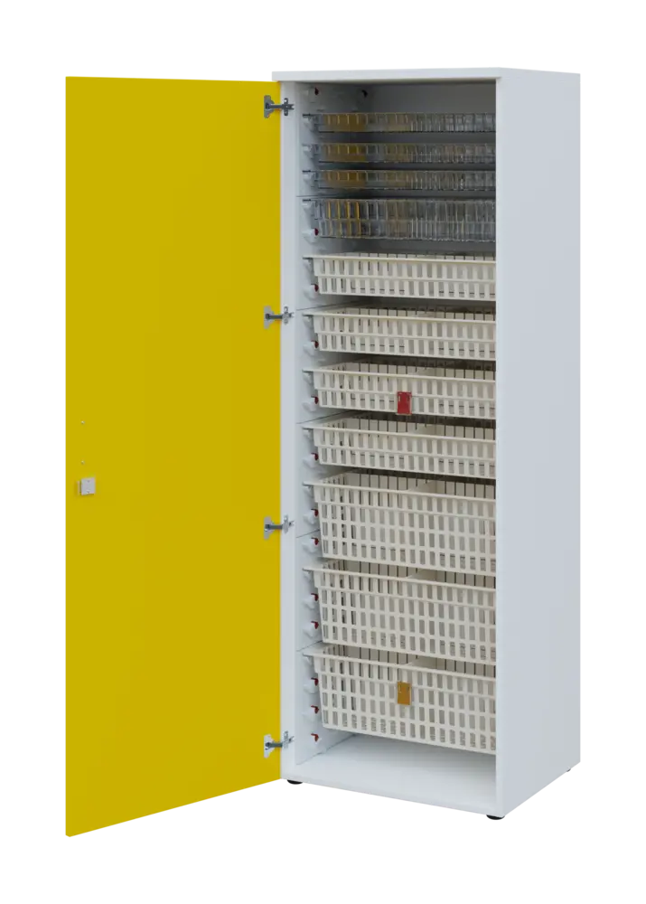 EUROMEDICA D - 66 skříň léková boxová, 1-dveřová, levá, 1950x660x535, korpus bílý, dvířka žlutá odio